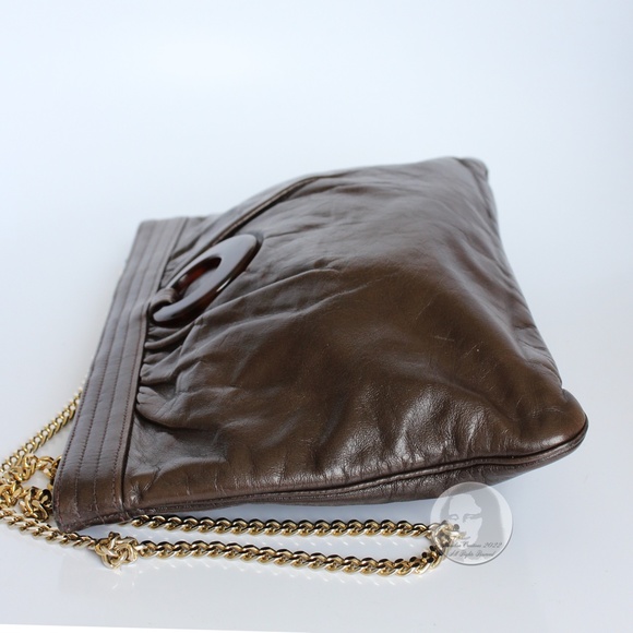 Morris Moskowitz Clutch Shoulder Bag Brown Leather Mod Resin Ring Chain Strap - Picture 8 of 11